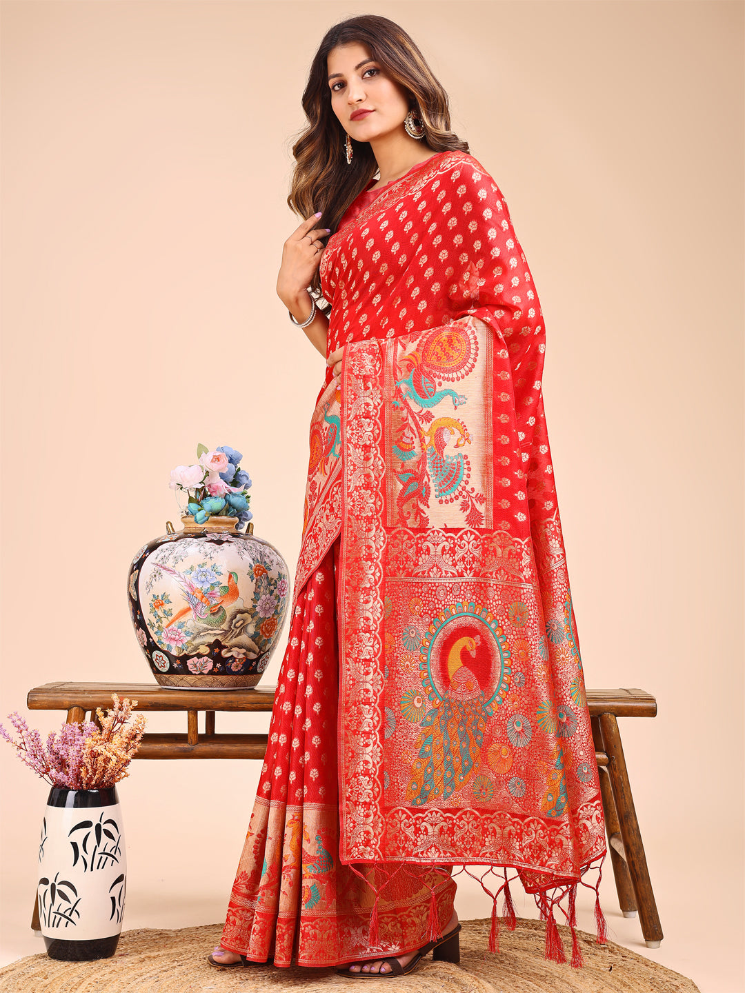 Shree Shyam Fashion Majestic Red Linen Cotton Saree with Royal Peacock Pallu - A Celebration of Heritage and Grace