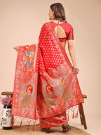 Shree Shyam Fashion Majestic Red Linen Cotton Saree with Royal Peacock Pallu - A Celebration of Heritage and Grace
