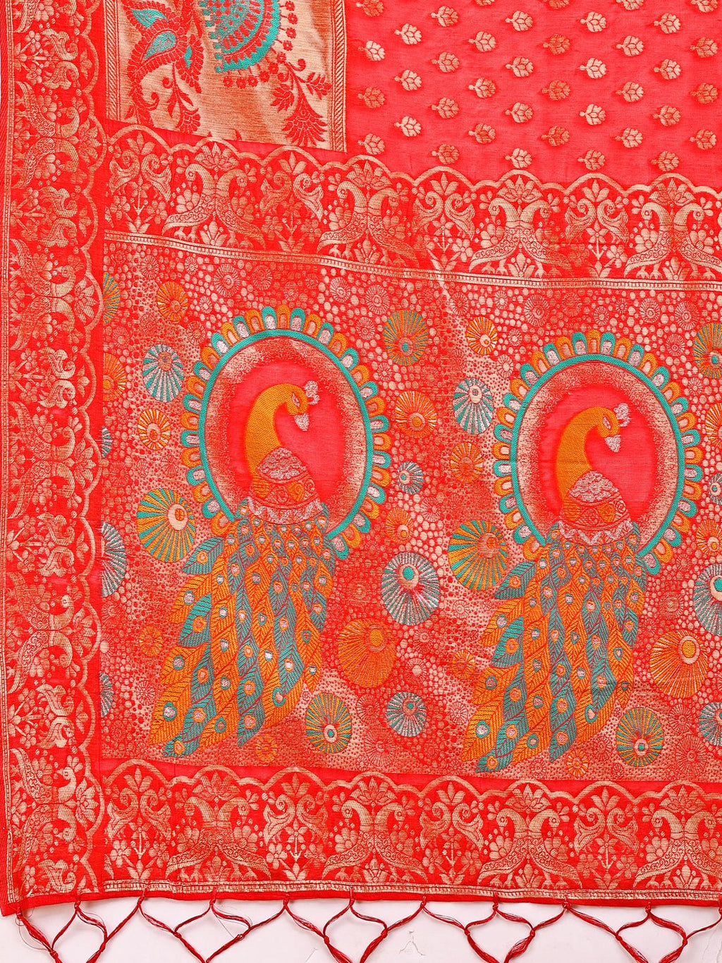 Shree Shyam Fashion Majestic Red Linen Cotton Saree with Royal Peacock Pallu - A Celebration of Heritage and Grace