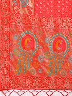 Shree Shyam Fashion Majestic Red Linen Cotton Saree with Royal Peacock Pallu - A Celebration of Heritage and Grace