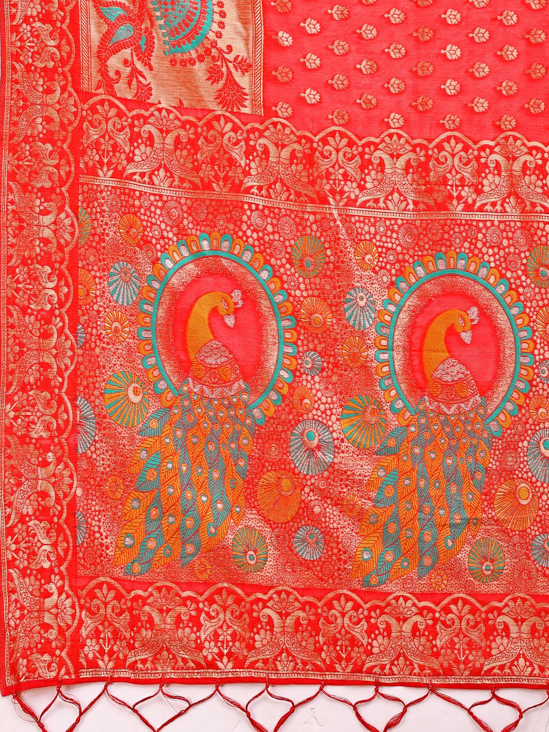 Shree Shyam Fashion Majestic Red Linen Cotton Saree with Royal Peacock Pallu - A Celebration of Heritage and Grace