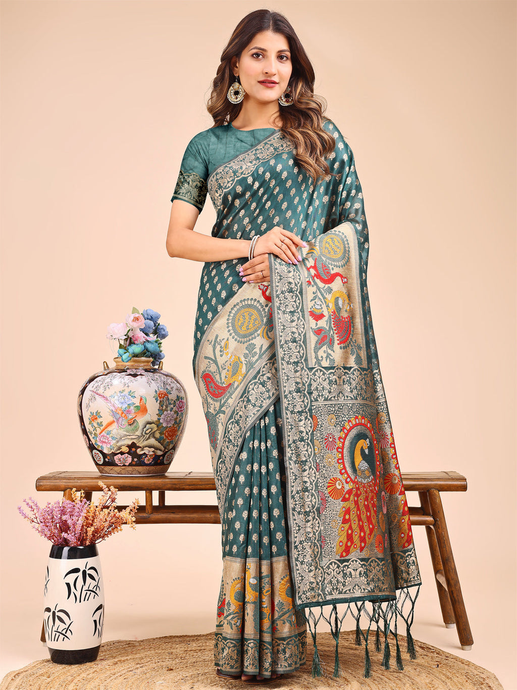 Shree Shyam Fashion Majestic Green Linen Cotton Saree with Royal Peacock Pallu - A Celebration of Heritage and Grace