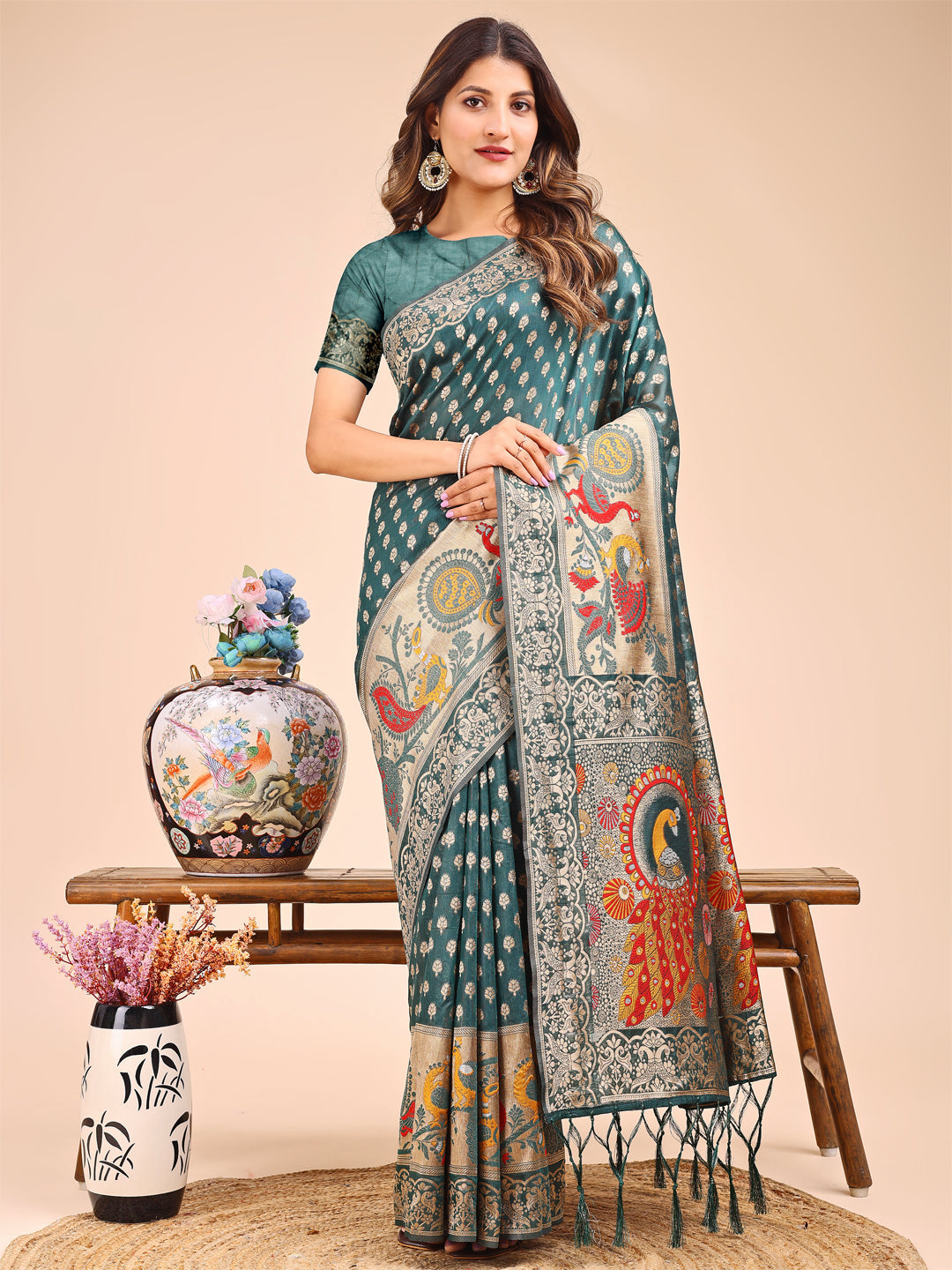 Shree Shyam Fashion Majestic Green Linen Cotton Saree with Royal Peacock Pallu - A Celebration of Heritage and Grace