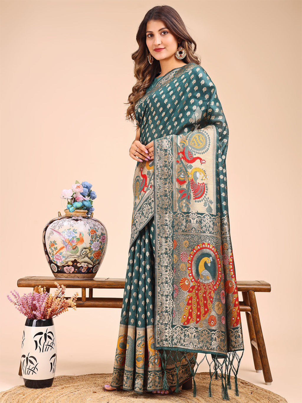 Shree Shyam Fashion Majestic Green Linen Cotton Saree with Royal Peacock Pallu - A Celebration of Heritage and Grace