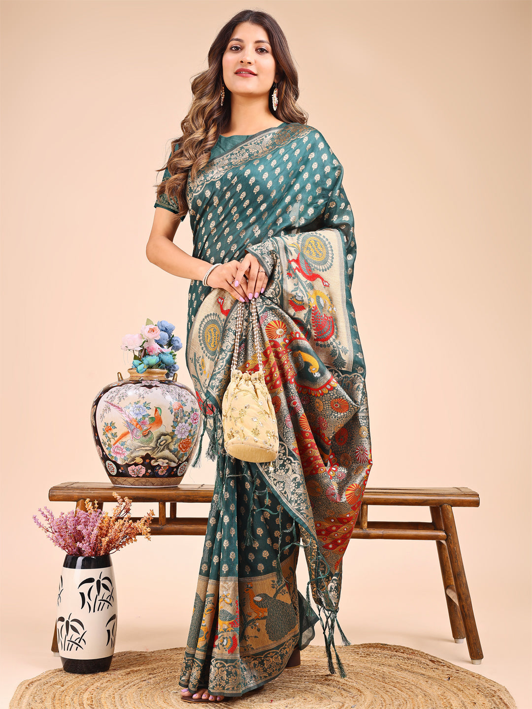 Shree Shyam Fashion Majestic Green Linen Cotton Saree with Royal Peacock Pallu - A Celebration of Heritage and Grace