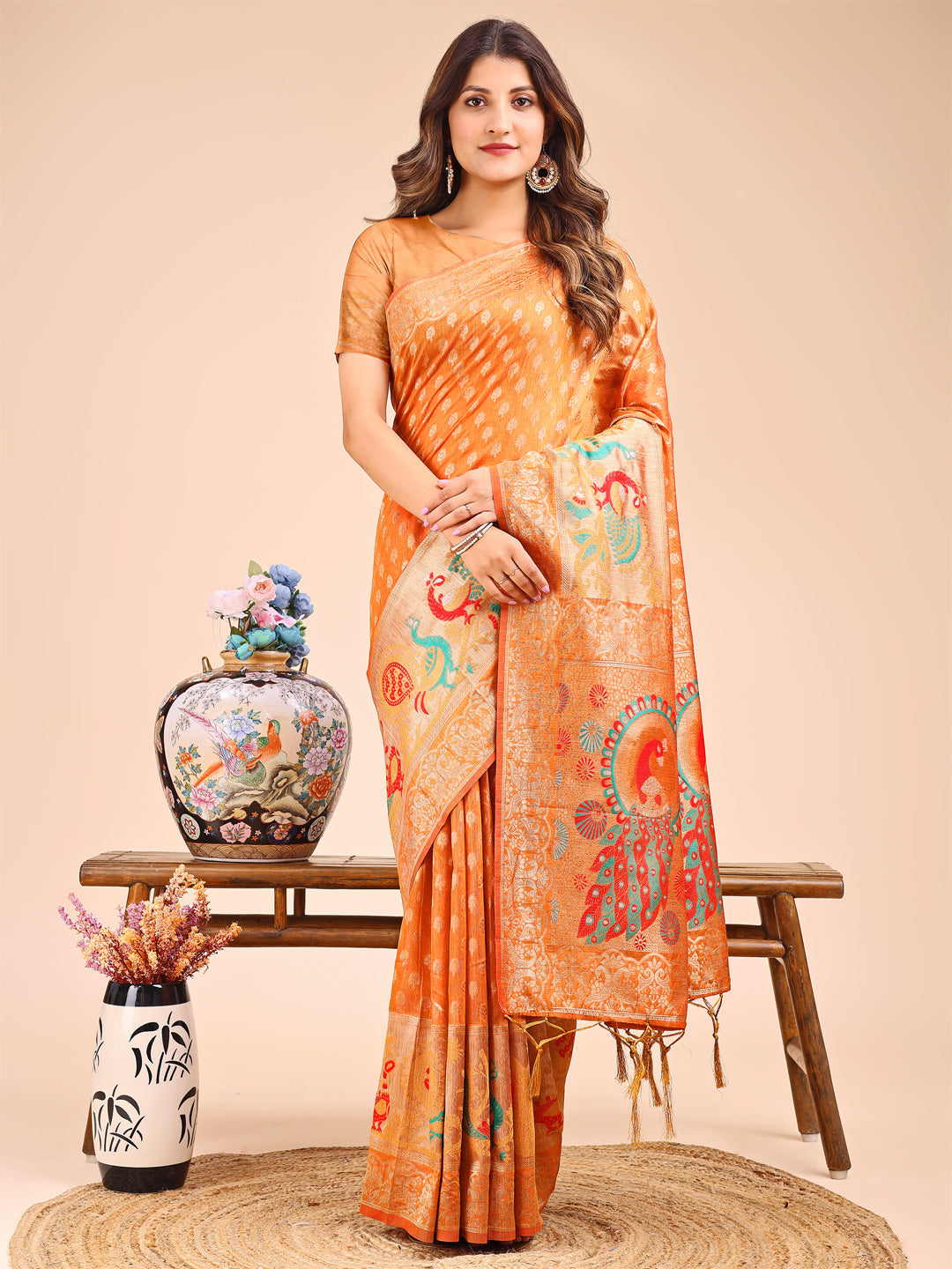 Shree Shyam Fashion Majestic Mustard Linen Cotton Saree with Royal Peacock Pallu - A Celebration of Heritage and Grace