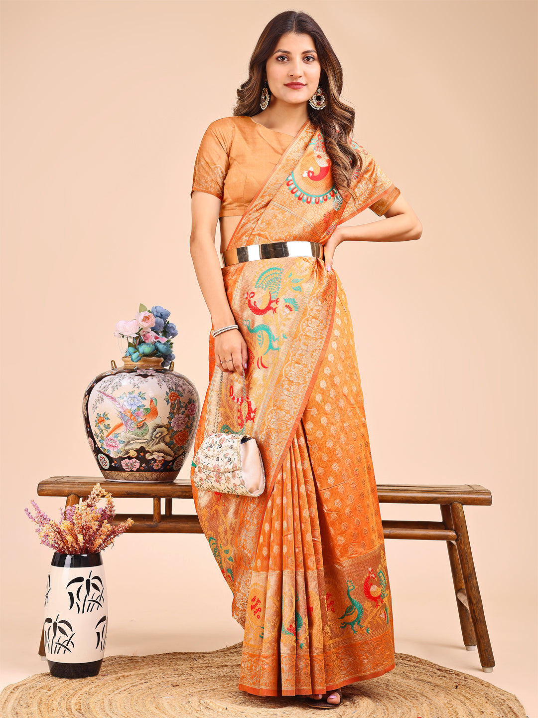 Shree Shyam Fashion Majestic Mustard Linen Cotton Saree with Royal Peacock Pallu - A Celebration of Heritage and Grace