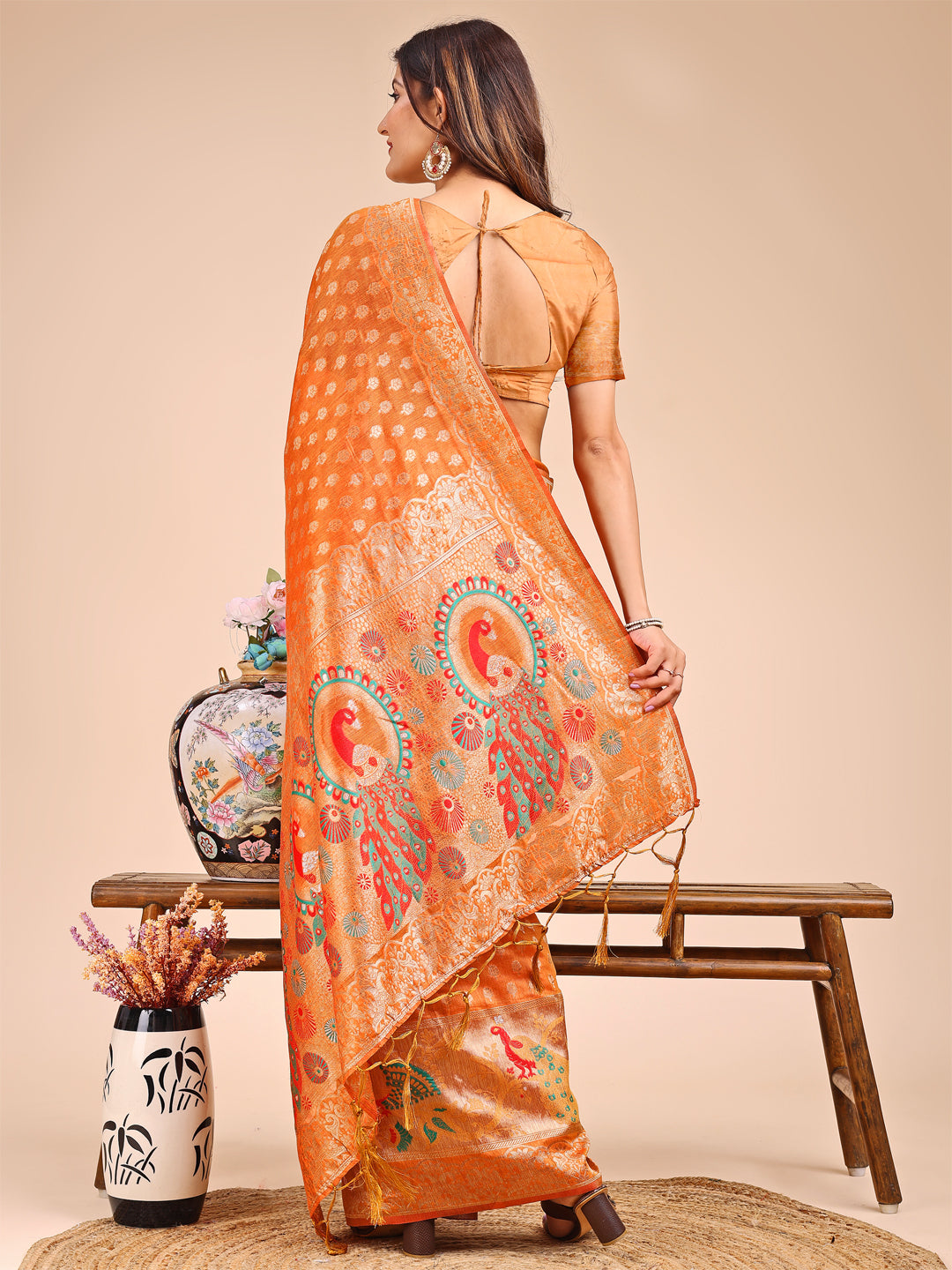 Shree Shyam Fashion Majestic Mustard Linen Cotton Saree with Royal Peacock Pallu - A Celebration of Heritage and Grace