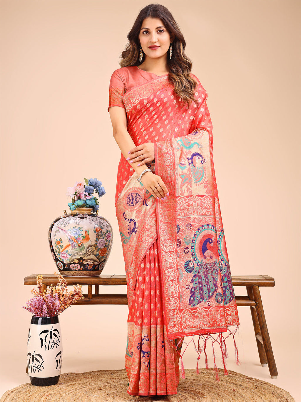 Shree Shyam Fashion Majestic Peach Linen Cotton Saree with Royal Peacock Pallu - A Celebration of Heritage and Grace