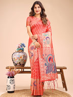 Shree Shyam Fashion Majestic Peach Linen Cotton Saree with Royal Peacock Pallu - A Celebration of Heritage and Grace