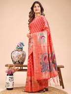 Shree Shyam Fashion Majestic Peach Linen Cotton Saree with Royal Peacock Pallu - A Celebration of Heritage and Grace
