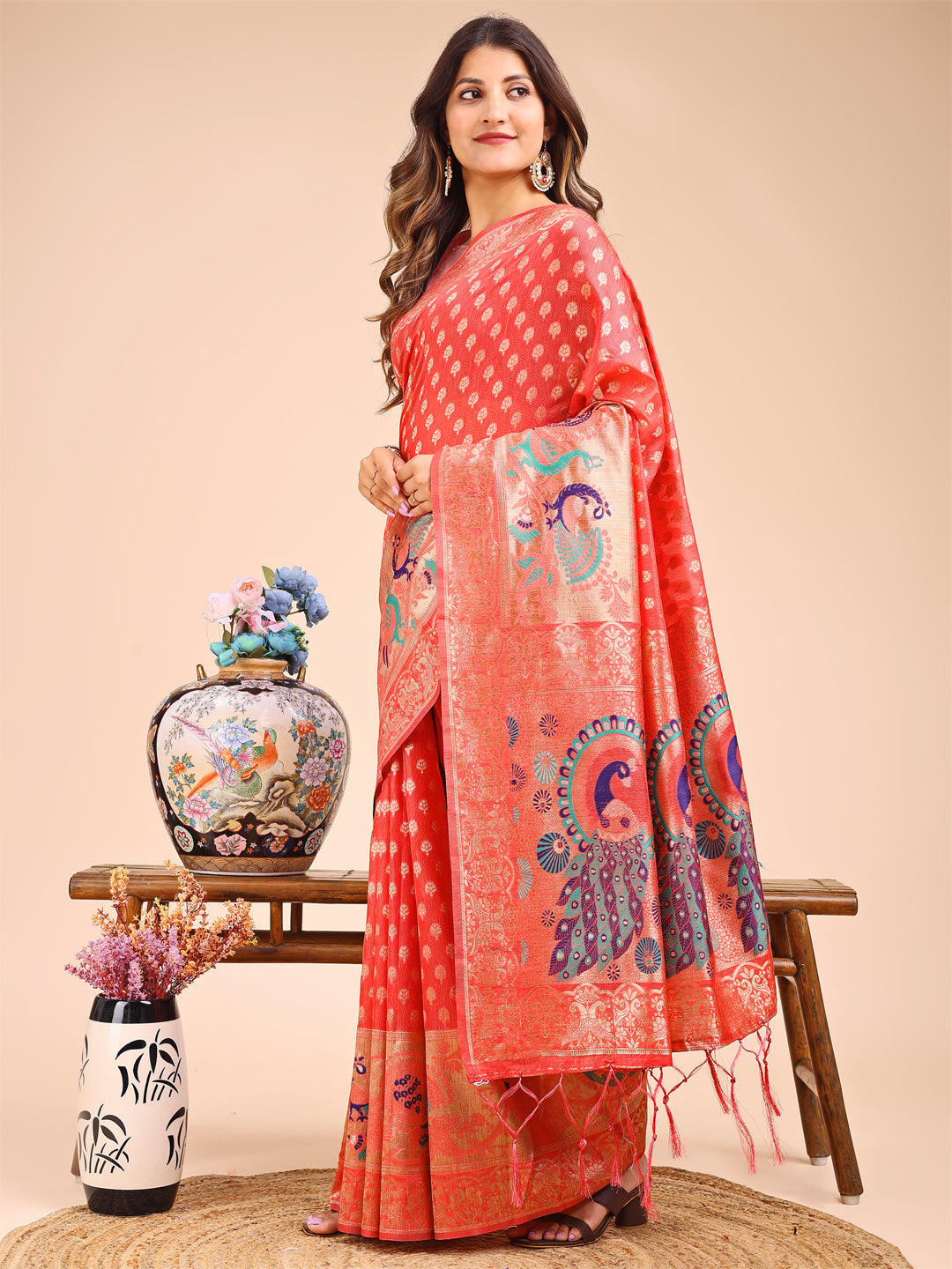 Shree Shyam Fashion Majestic Peach Linen Cotton Saree with Royal Peacock Pallu - A Celebration of Heritage and Grace