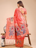 Shree Shyam Fashion Majestic Peach Linen Cotton Saree with Royal Peacock Pallu - A Celebration of Heritage and Grace
