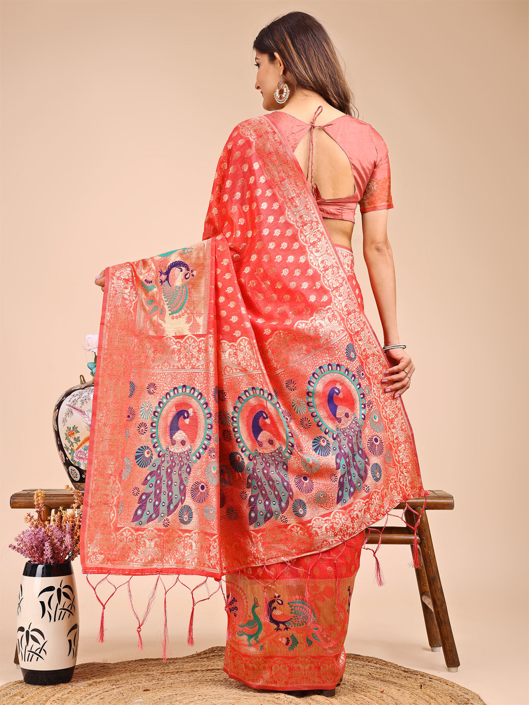 Shree Shyam Fashion Majestic Peach Linen Cotton Saree with Royal Peacock Pallu - A Celebration of Heritage and Grace