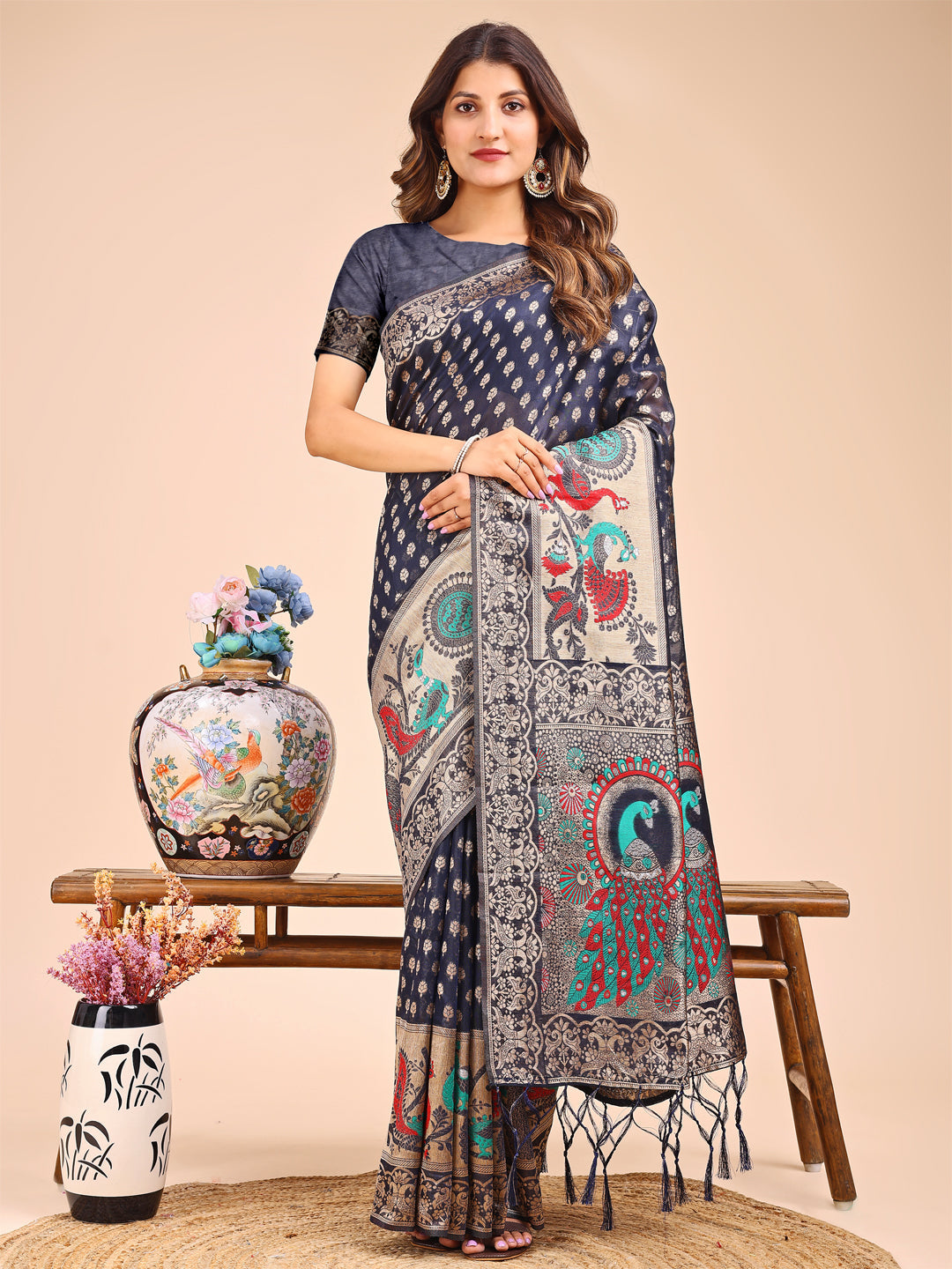 Shree Shyam Fashion Majestic Navy Blue Linen Cotton Saree with Royal Peacock Pallu - A Celebration of Heritage and Grace