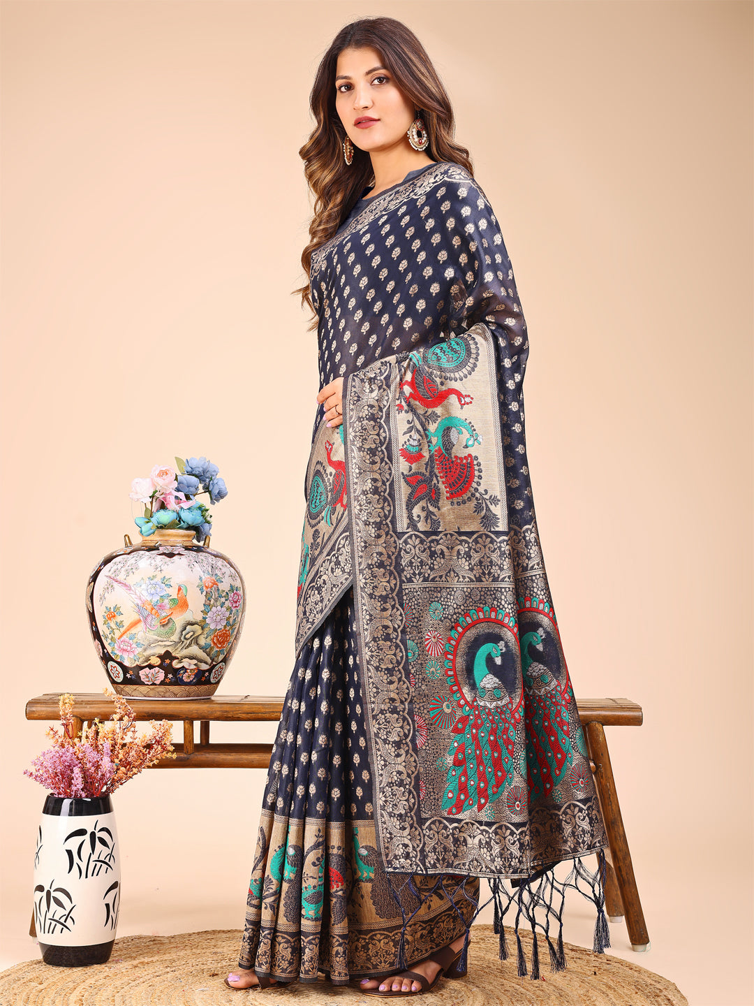 Shree Shyam Fashion Majestic Navy Blue Linen Cotton Saree with Royal Peacock Pallu - A Celebration of Heritage and Grace