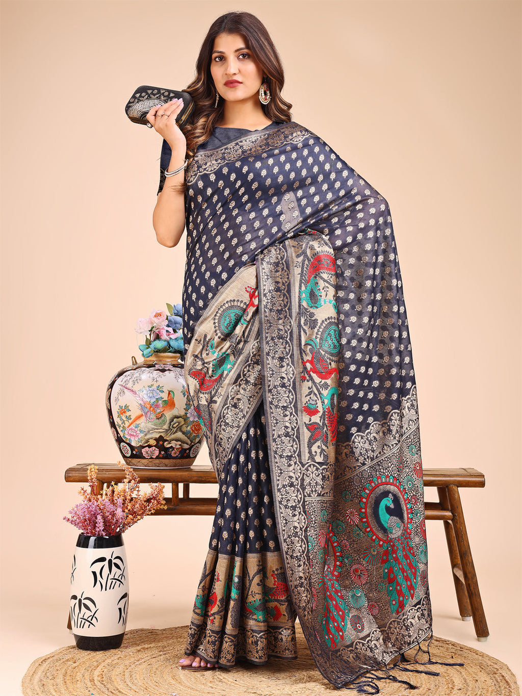 Shree Shyam Fashion Majestic Navy Blue Linen Cotton Saree with Royal Peacock Pallu - A Celebration of Heritage and Grace