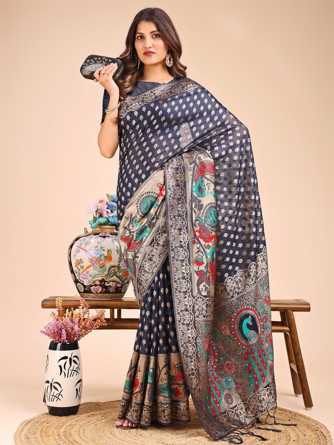 Shree Shyam Fashion Majestic Navy Blue Linen Cotton Saree with Royal Peacock Pallu - A Celebration of Heritage and Grace