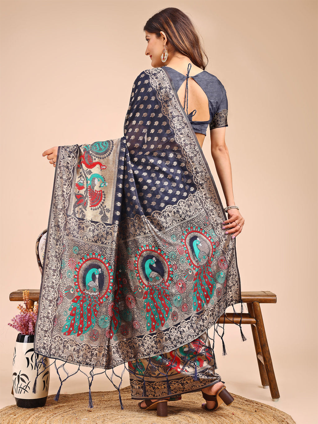 Shree Shyam Fashion Majestic Navy Blue Linen Cotton Saree with Royal Peacock Pallu - A Celebration of Heritage and Grace