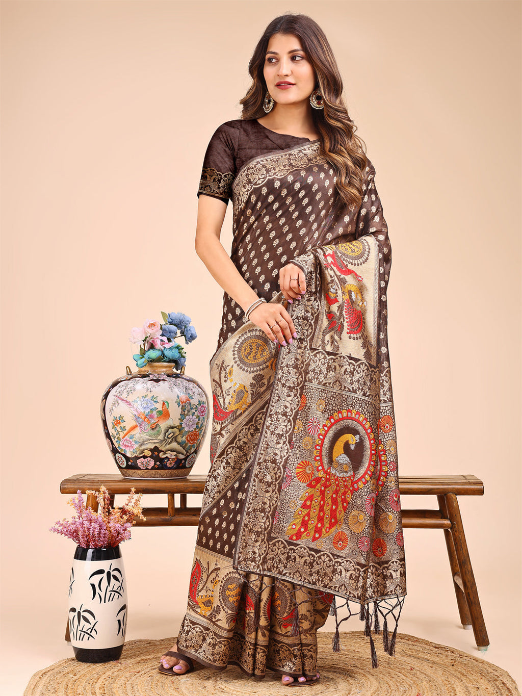 Shree Shyam Fashion Majestic Brown Linen Cotton Saree with Royal Peacock Pallu - A Celebration of Heritage and Grace