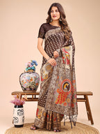 Shree Shyam Fashion Majestic Brown Linen Cotton Saree with Royal Peacock Pallu - A Celebration of Heritage and Grace