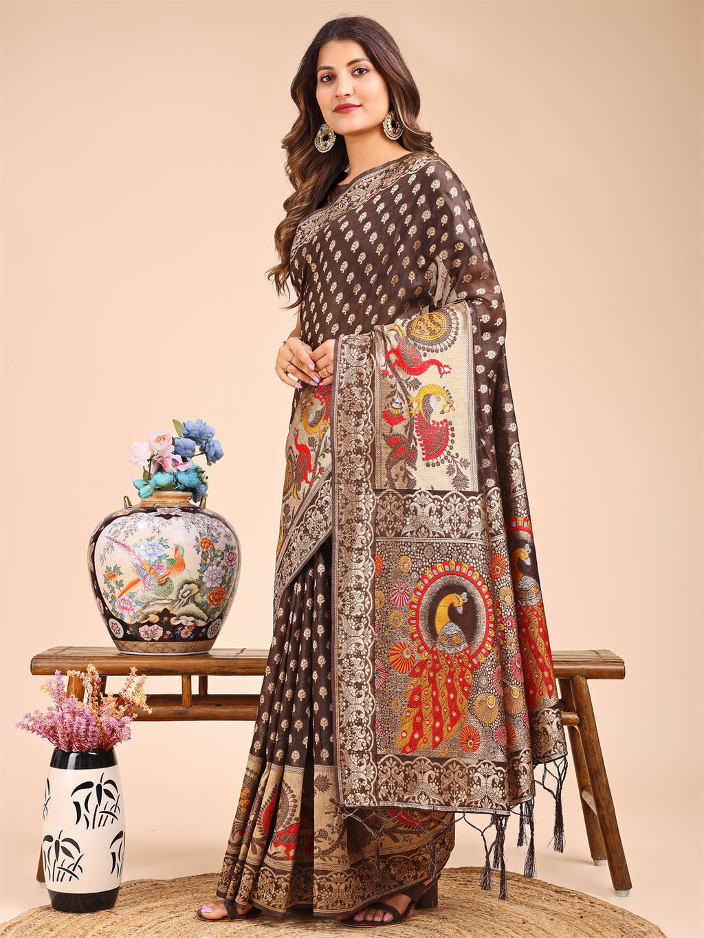 Shree Shyam Fashion Majestic Brown Linen Cotton Saree with Royal Peacock Pallu - A Celebration of Heritage and Grace