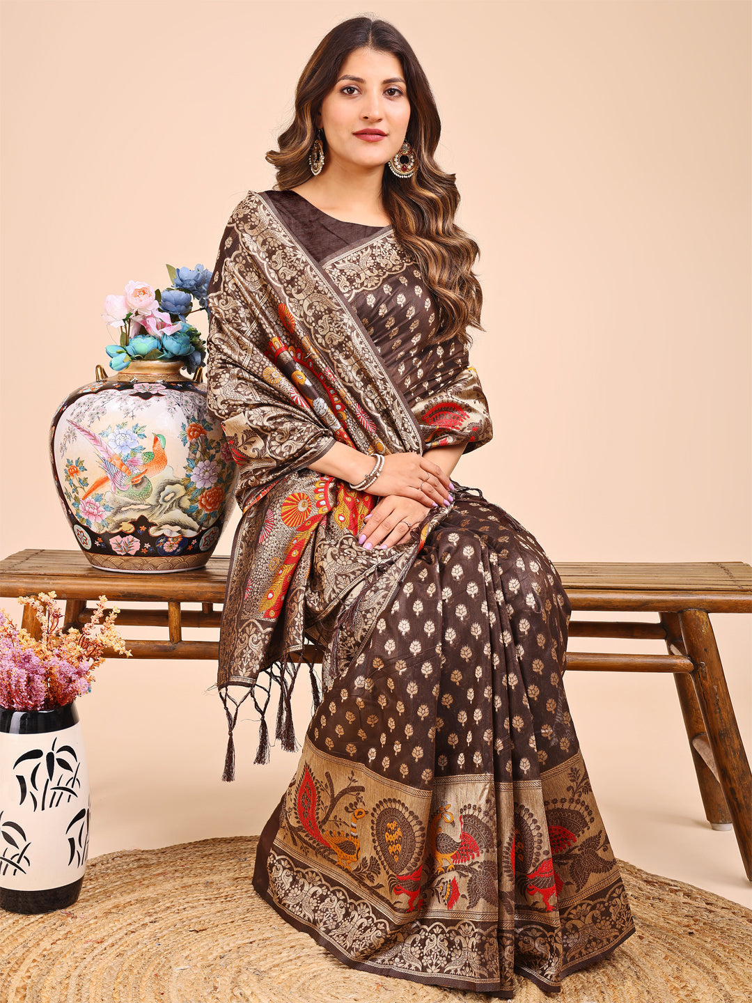 Shree Shyam Fashion Majestic Brown Linen Cotton Saree with Royal Peacock Pallu - A Celebration of Heritage and Grace