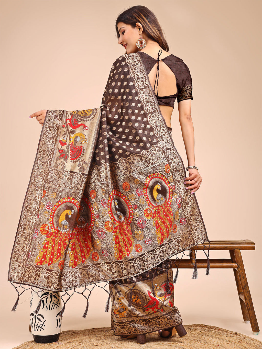 Shree Shyam Fashion Majestic Brown Linen Cotton Saree with Royal Peacock Pallu - A Celebration of Heritage and Grace