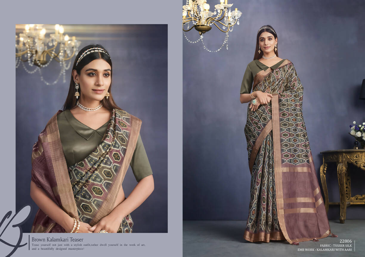 Brown Tusser Silk Geometric Printed Saree With Unstitched Blouse - Mohmanthan Aahana