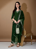 Hand Embroidered Kurta With Pant & Dupatta Premium Luxury, Green - Hiral Fashion