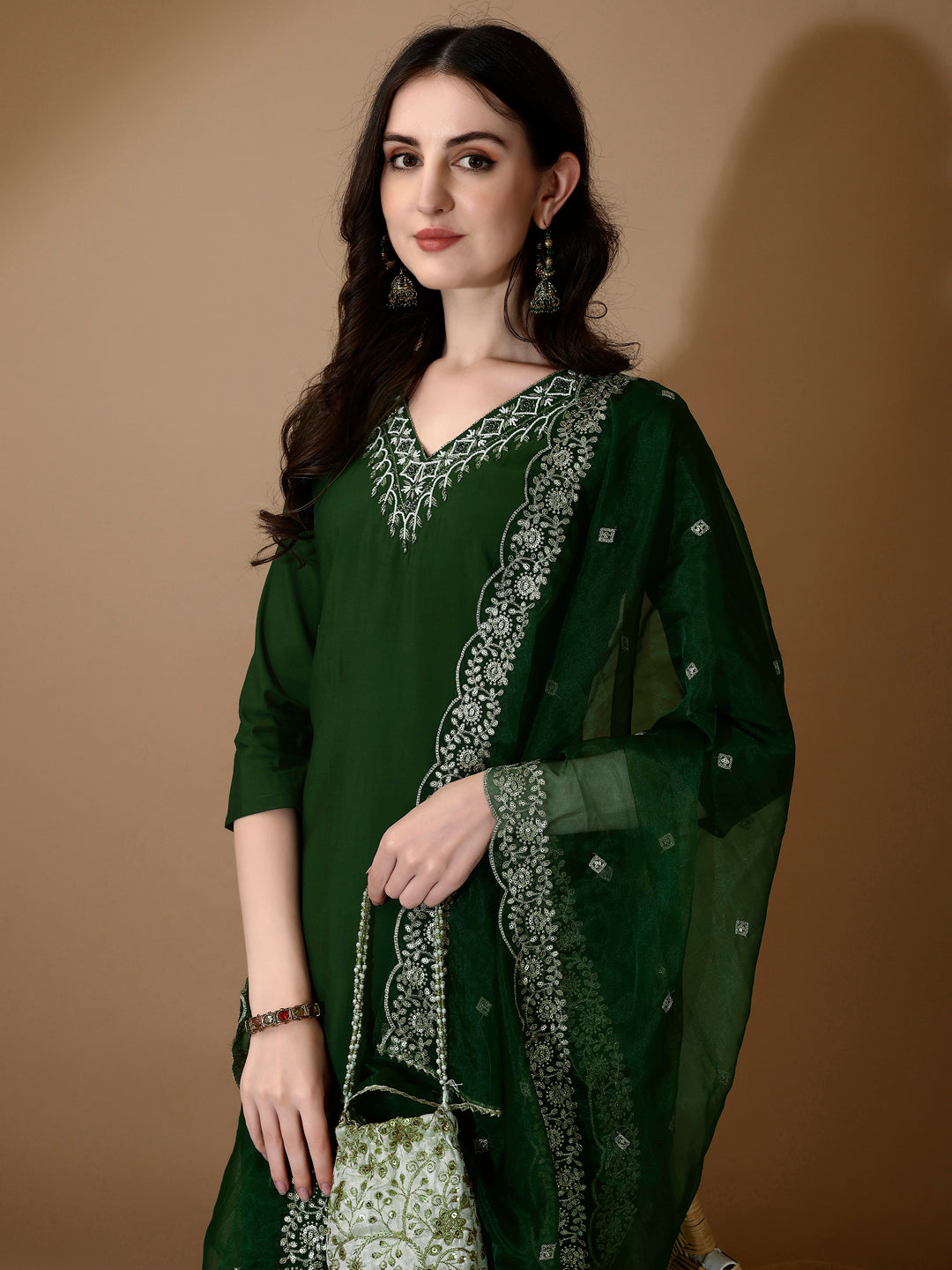 Hand Embroidered Kurta With Pant & Dupatta Premium Luxury, Green - Hiral Fashion