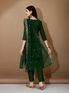 Hand Embroidered Kurta With Pant & Dupatta Premium Luxury, Green - Hiral Fashion
