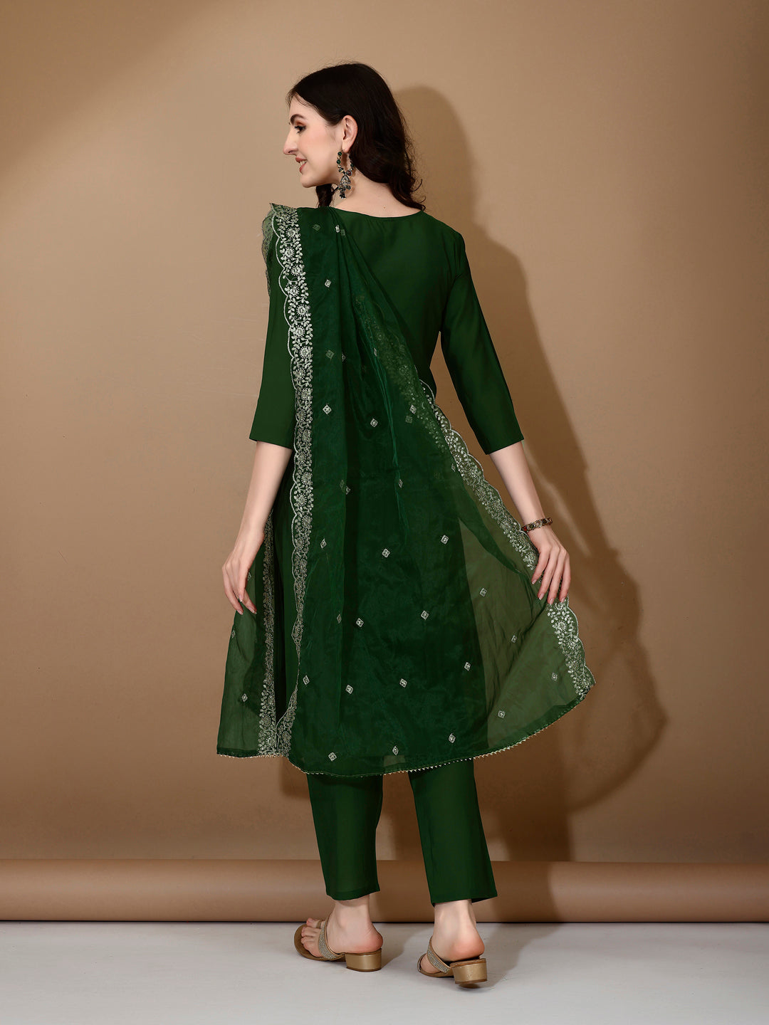 Hand Embroidered Kurta With Pant & Dupatta Premium Luxury, Green - Hiral Fashion