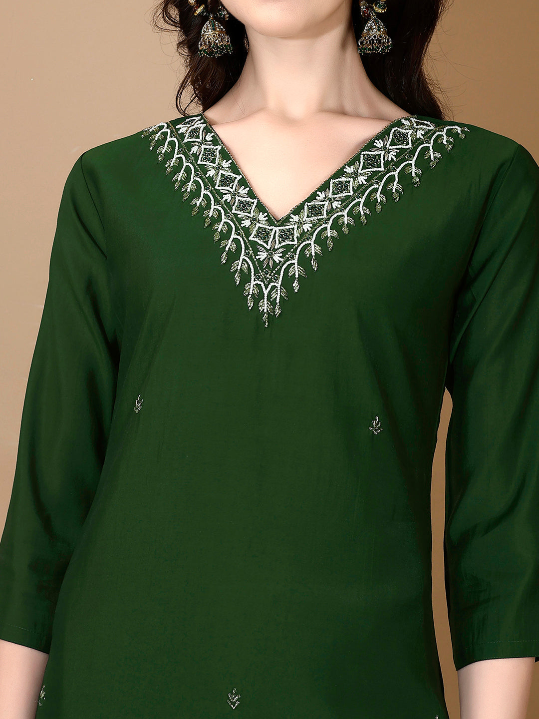 Hand Embroidered Kurta With Pant & Dupatta Premium Luxury, Green - Hiral Fashion
