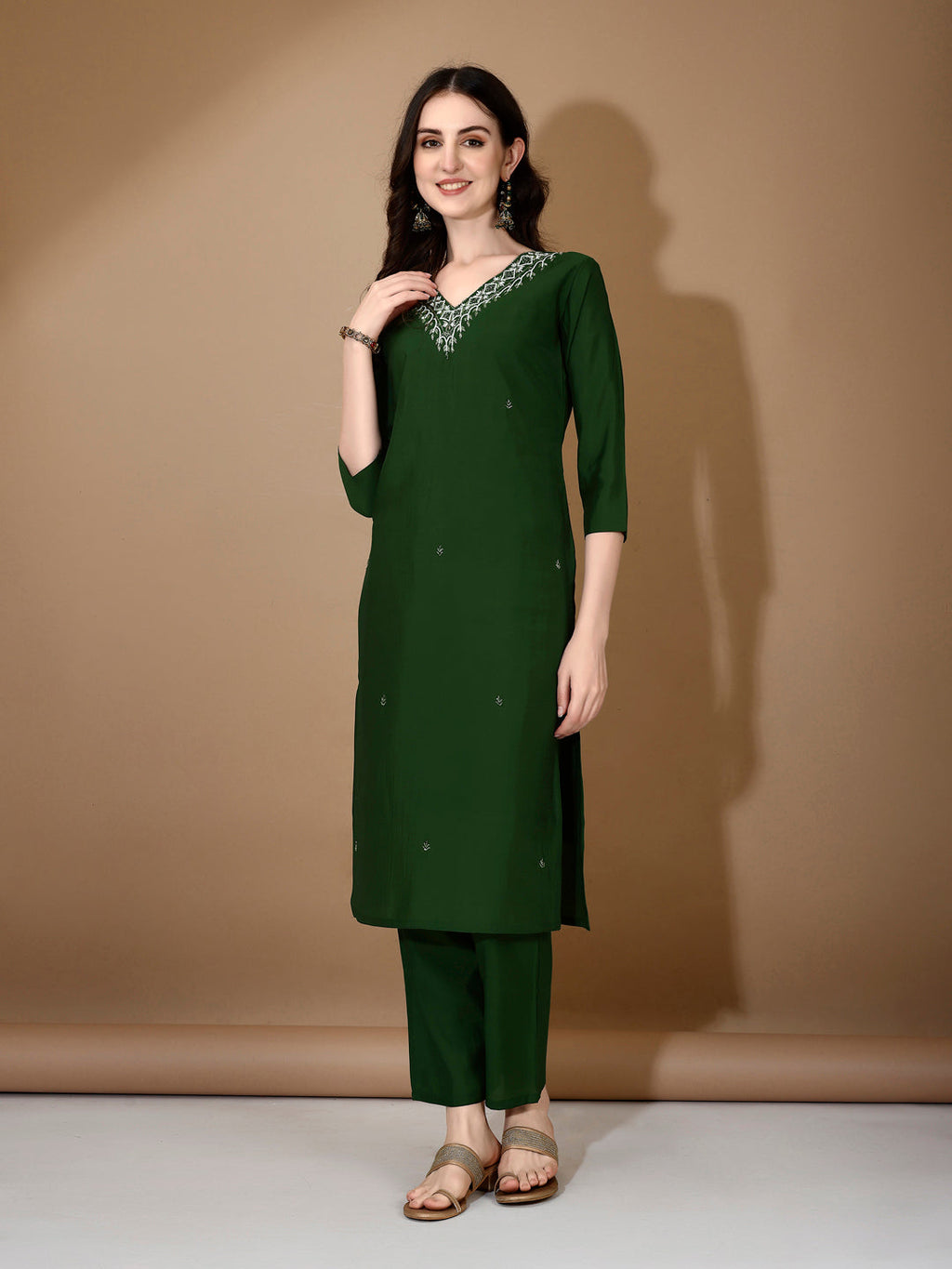 Hand Embroidered Kurta With Pant & Dupatta Premium Luxury, Green - Hiral Fashion