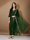 Hand Embroidered Kurta With Pant & Dupatta Premium Luxury, Green - Hiral Fashion