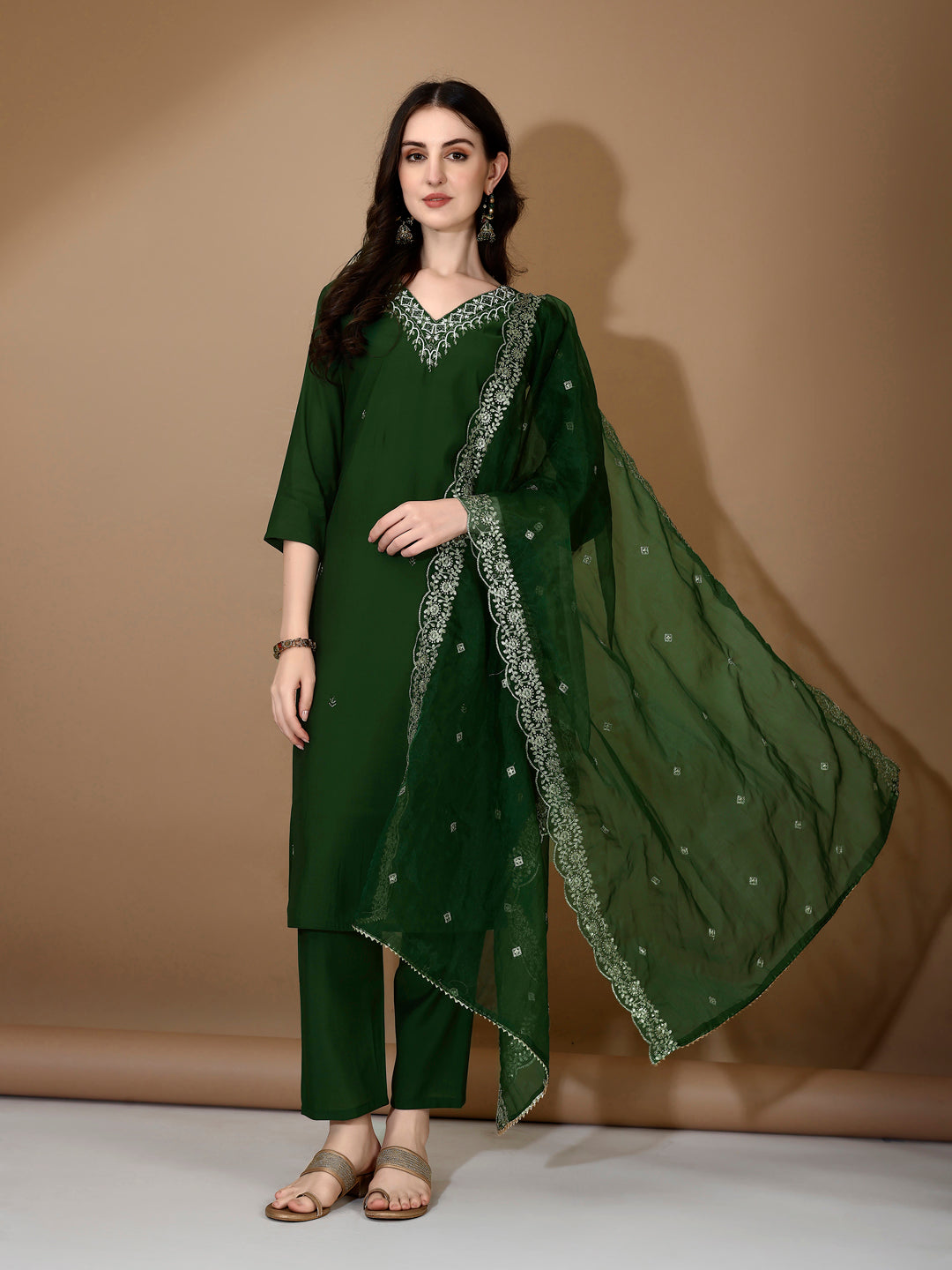 Hand Embroidered Kurta With Pant & Dupatta Premium Luxury, Green - Hiral Fashion