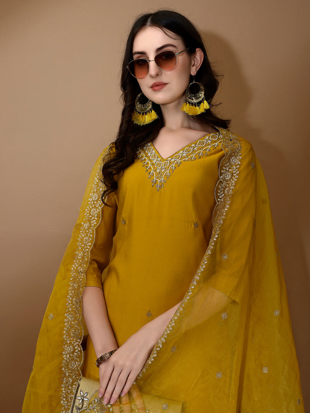Hand Embroidered Kurta With Pant & Dupatta Premium Luxury, Mustard - Hiral Fashion - Distacart