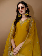 Hand Embroidered Kurta With Pant & Dupatta Premium Luxury, Mustard - Hiral Fashion - Distacart