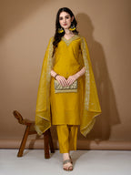 Hand Embroidered Kurta With Pant & Dupatta Premium Luxury, Mustard - Hiral Fashion - Distacart
