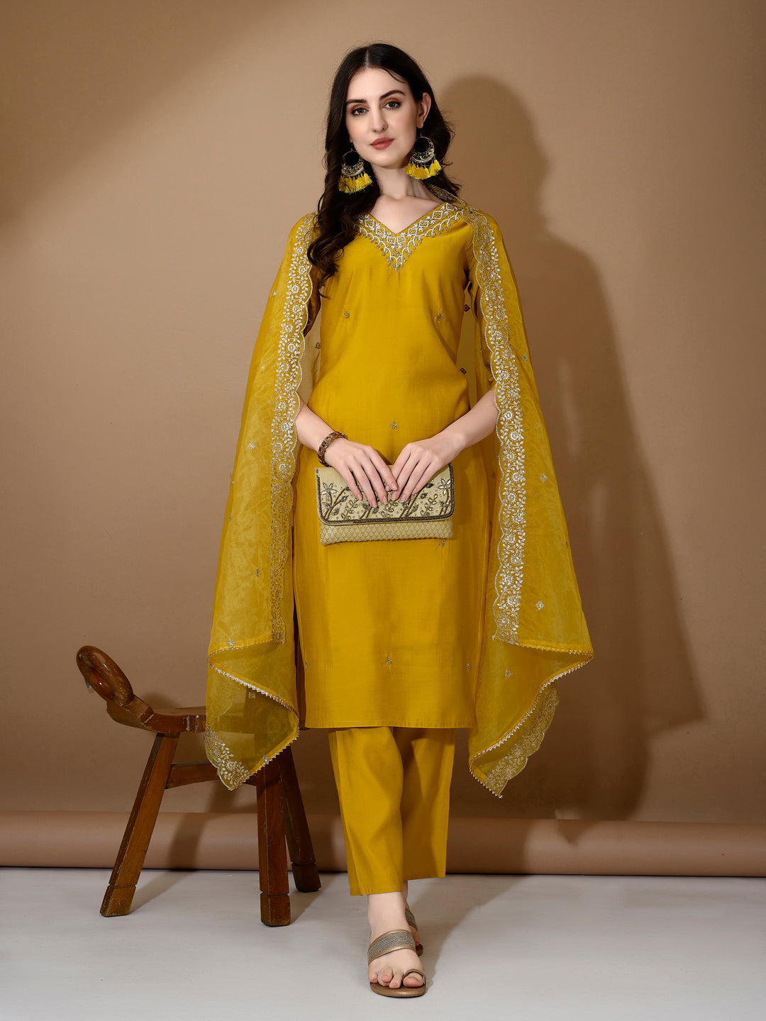 Hand Embroidered Kurta With Pant & Dupatta Premium Luxury, Mustard - Hiral Fashion - Distacart