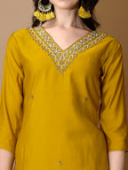 Hand Embroidered Kurta With Pant & Dupatta Premium Luxury, Mustard - Hiral Fashion - Distacart
