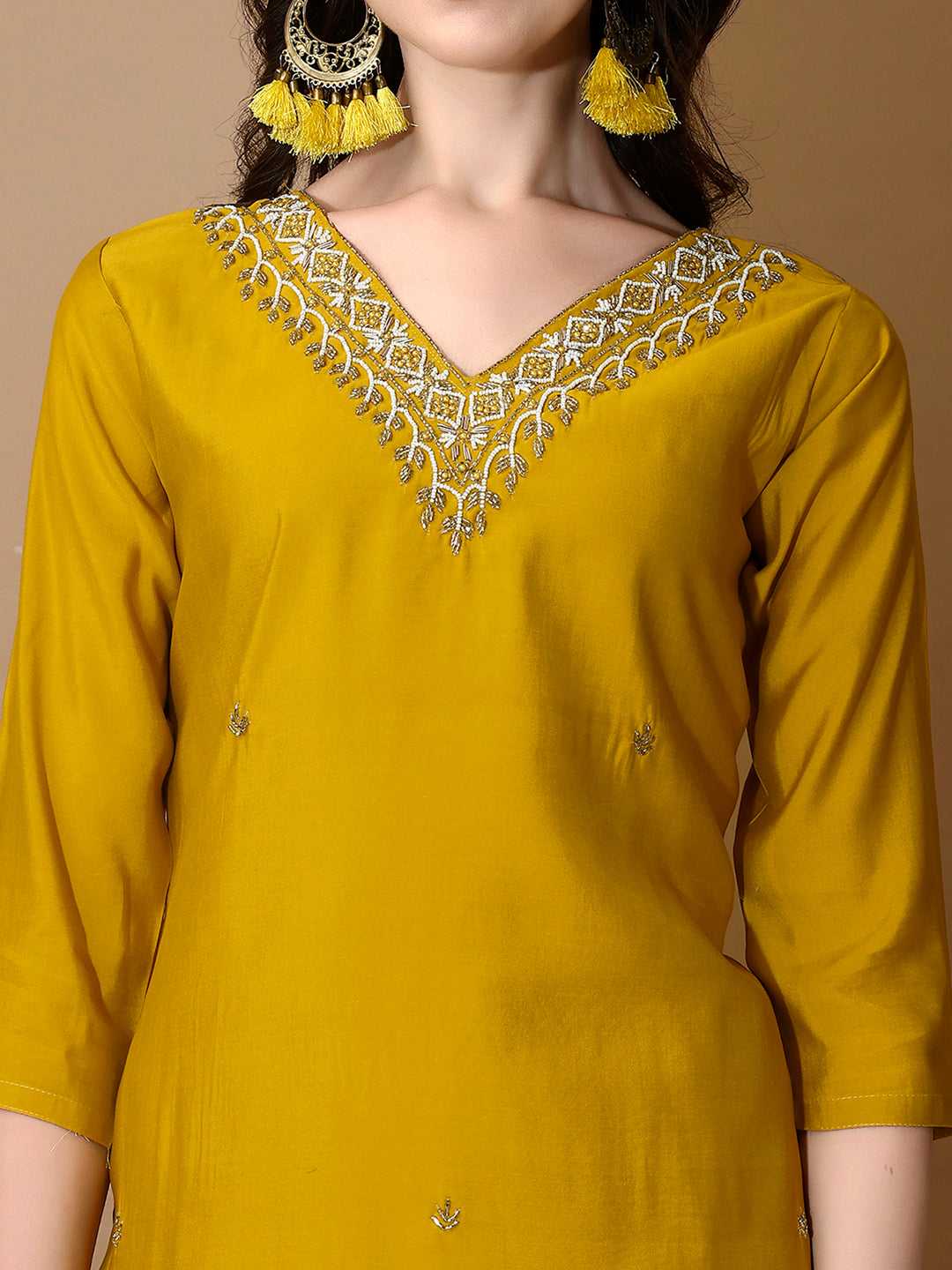 Hand Embroidered Kurta With Pant & Dupatta Premium Luxury, Mustard - Hiral Fashion - Distacart