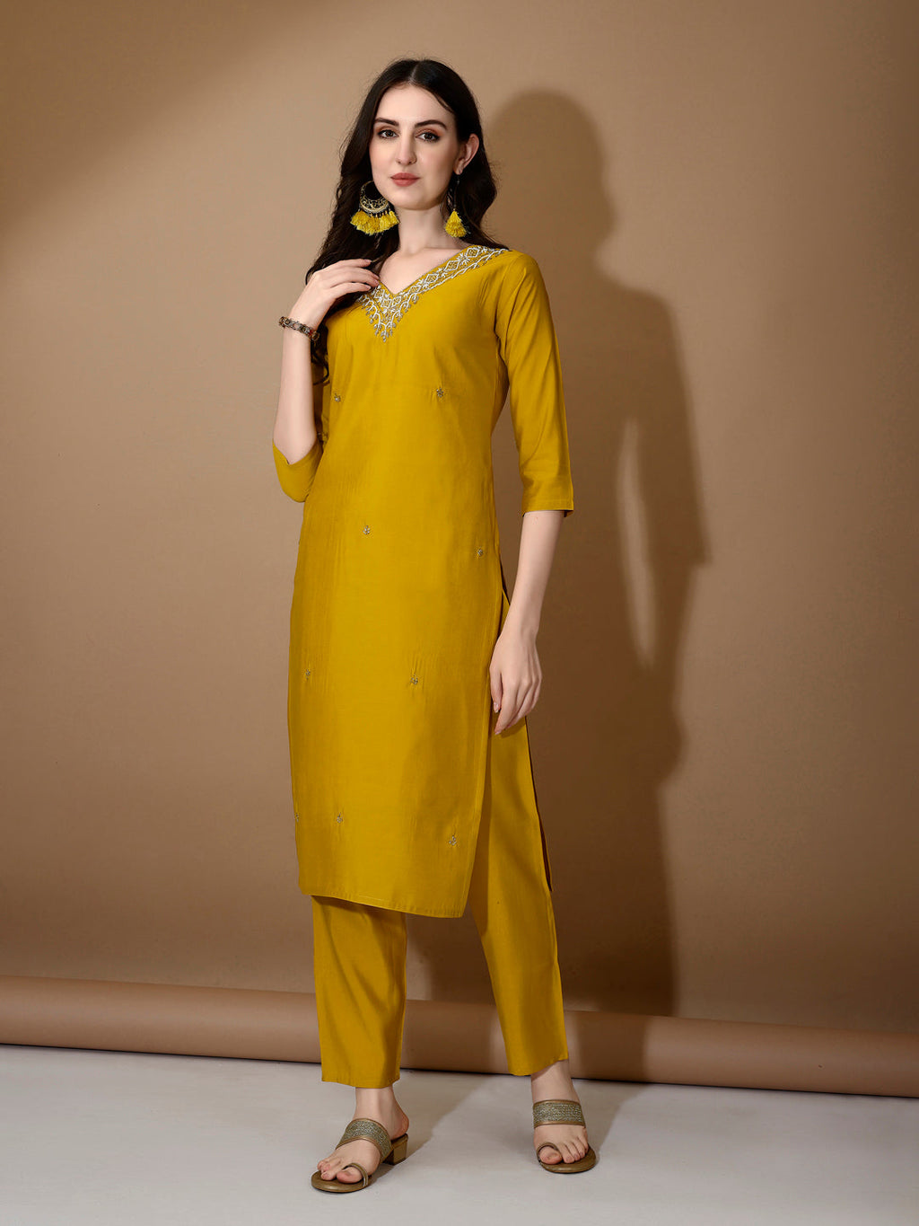 Hand Embroidered Kurta With Pant & Dupatta Premium Luxury, Mustard - Hiral Fashion - Distacart