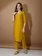 Hand Embroidered Kurta With Pant & Dupatta Premium Luxury, Mustard - Hiral Fashion - Distacart