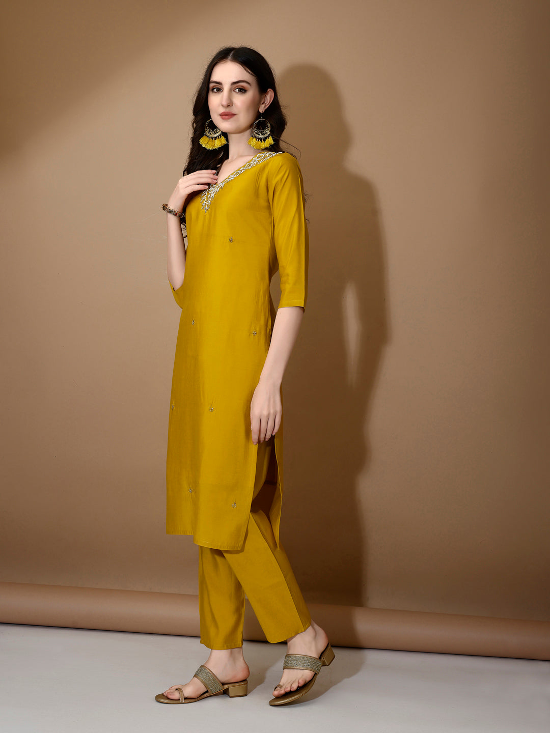 Hand Embroidered Kurta With Pant & Dupatta Premium Luxury, Mustard - Hiral Fashion - Distacart