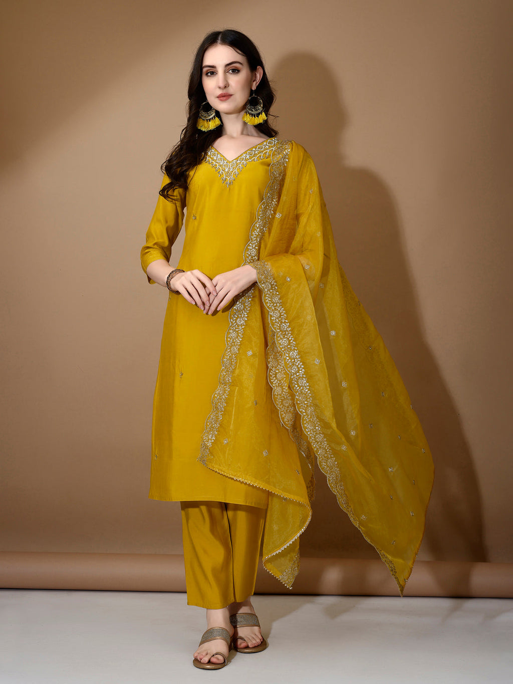 Hand Embroidered Kurta With Pant & Dupatta Premium Luxury, Mustard - Hiral Fashion - Distacart