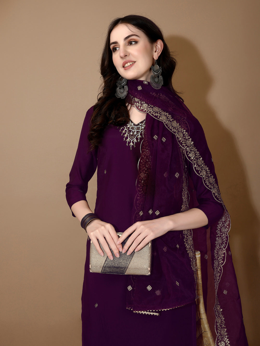 Hand Embroidered Kurta With Pant & Dupatta Premium Luxury, Purple - Hiral Fashion - Distacart