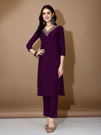 Hand Embroidered Kurta With Pant & Dupatta Premium Luxury, Purple - Hiral Fashion - Distacart