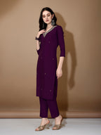 Hand Embroidered Kurta With Pant & Dupatta Premium Luxury, Purple - Hiral Fashion - Distacart